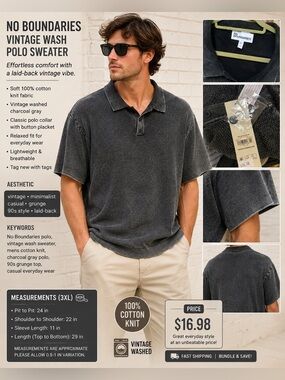 No Boundaries Men's Washed Charcoal Polo
